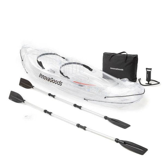 Innovagoods Kayak Gonfiabile per 2 Persone - Pompa Manuale - Supporta fino a 180kg - Include Accessori - Borsa da Trasporto - 2 Pagaie Smontabili - 312x100x51cm - Colore Trasparente e Nero