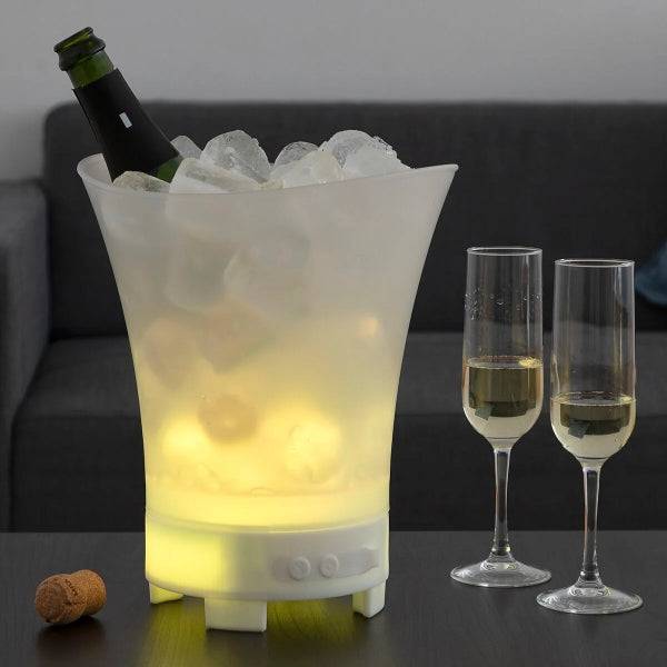 Innovagoods Sonice Secchiello per Ghiaccio con Altoparlante 3 in 1 - Bluetooth - Autonomia 4h - Cavo USB Incluso - Batteria 1200mAh - IPX4 - Luce LED RGB - Ricaricabile - Multifunzione - 24,5x29x23,5cm - Colore Bianco
