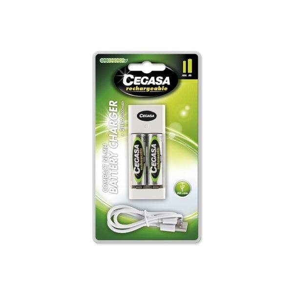 Cegasa Rechargeable Pack con Caricabatterie Compatto e Cavo USB + 2 Batterie Ricaricabili AA HR6 2000mAh - Caricabatterie Adatto per AA e AAA