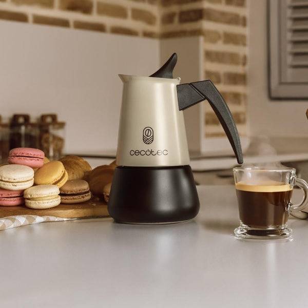 Cecotec Piccolina 400 Cafetera Italiana para 4 Tazas - Acero Inoxidable - Apta para Placas Electricas, Vitro y Gas - Piezas Desmontables - Valvula de Seguridad - Colore Menta
