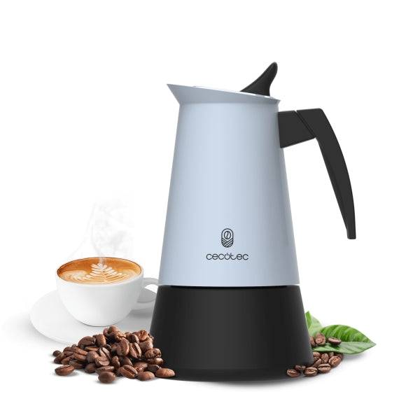 Cecotec Piccolina 900 Macchinetta Caffè Italiana 9 Tazze - Acciaio Inossidabile - Idonea per Gas, Elettrico e Vetroceramica - Guarnizione Ermetica Silicone - Manico Ergonomico - Valvola di Sicurezza - Colore Blu Chiaro