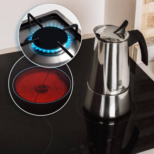 Cecotec Piccolina 200 Cafetera Italiana para 2 Tazas - Acero Inoxidable - Apta para Placas Electricas, Vitroceramicas y Gas - Mango Ergonomico - Valvula de Seguridad Integrada - Colore Rosso
