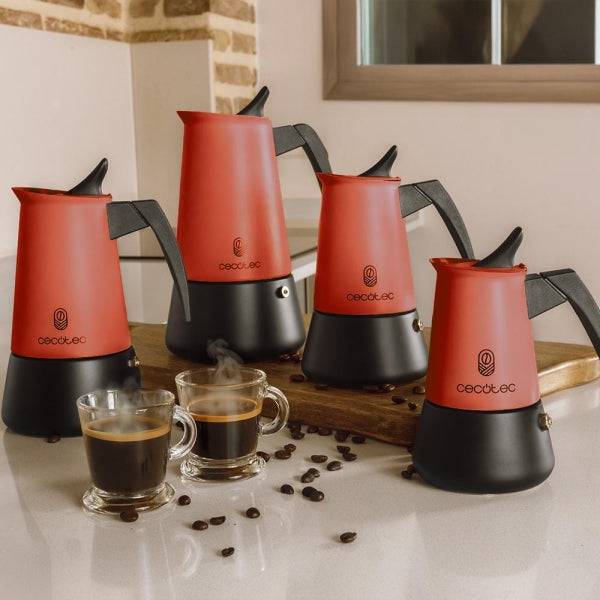 Cecotec Piccolina 200 Cafetera Italiana para 2 Tazas - Acero Inoxidable - Apta para Placas Electricas, Vitroceramicas y Gas - Mango Ergonomico - Valvula de Seguridad Integrada - Colore Rosso