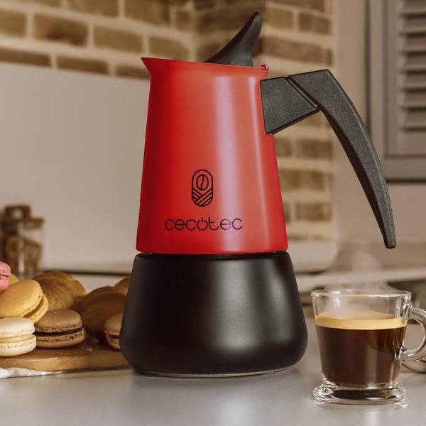 Cecotec Piccolina 900 Macchinetta Caffè Italiana 9 Tazze - Acciaio Inossidabile - Compatibile con Induzione e Gas - Manico Ergonomico e Resistente - Valvola di Sicurezza - Colore Rosso