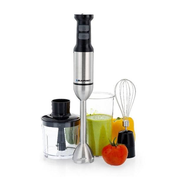 Blaupunkt Frullatore a Mano - Potenza 1500W - Tritatutto 500ml - Bicchiere 1 Litro - Frusta Montaclaracchè - Lame Acciaio Inox - Modalità Turbo - Colore Nero e Grigio