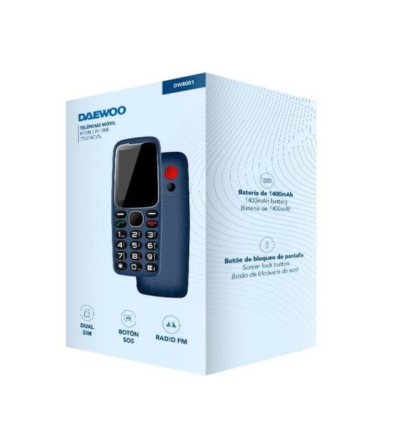 Daewoo Telefono Cellulare per Anziani - Schermo 2.4" - Tasti Grandi Retroilluminati - Batteria 1.400mAh - Pulsante SOS Posteriore - Dual SIM - Jack 3.5mm - Radio FM - USB-C - Colore Blu