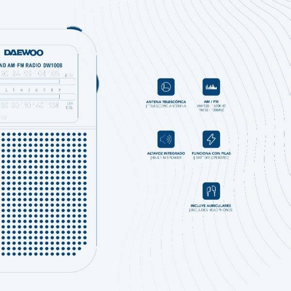 Daewoo DW1008 Radio Portatile AM/FM - Antenna Telescopica e Sintonizzazione Analogica Precisa - Altoparlante Integrato - Uscita Cuffie Jack 3.5mm - Compatto e Leggero per Uso Quotidiano