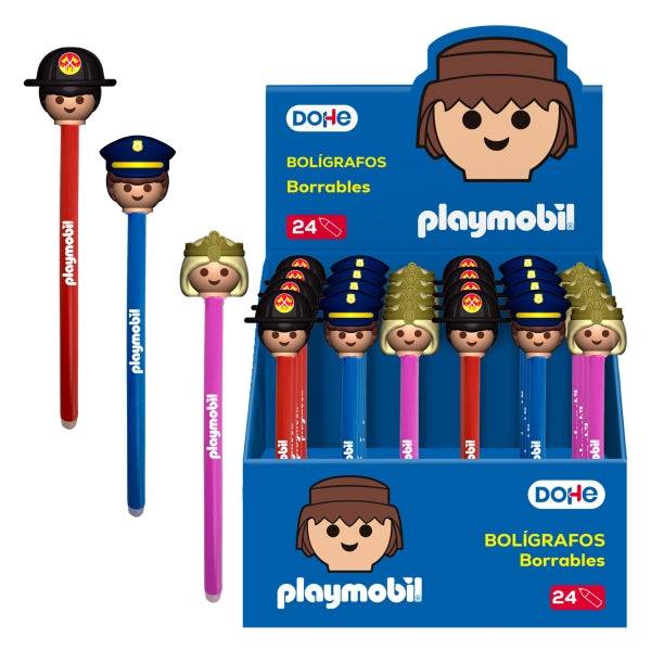 Dohe Playmobil Espositore 24 Penne Cancellabili - Punta 1mm, Tratto 0.5mm - Decorate Playmobil Polizia, Pompiere e Principessa - Inchiostro Blu
