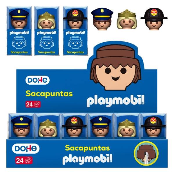Dohe Playmobil Espositore con 24 Temperamatite 1 Foro e Lama in Acciaio - Decorati Playmobil Polizia, Pompiere e Principessa