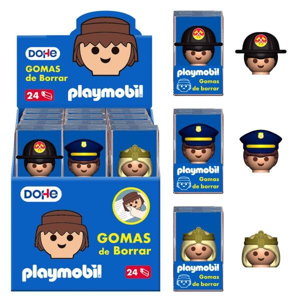 Dohe Playmobil Espositore 24 Gomme da Cancellare - Fabbricate in PVC - Decorate Playmobil Polizia, Pompiere e Principessa