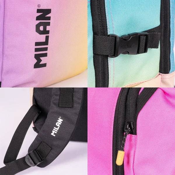Milan Sunset Zaino Scolastico 25L 5 Cerniere - Tasche Laterali - Scomparto Imbottito per Portatile 16" - Tracolla Imbottita e Regolabile - Colore Predominante Rosa