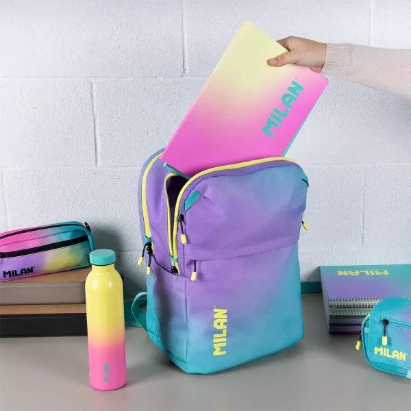 Milan Sunset Zaino Scolastico 25L 5 Cerniere - Tasche Laterali - Scomparto Imbottito per Portatile 16" - Tracolla Imbottita e Regolabile - Colore Turchese/Viola