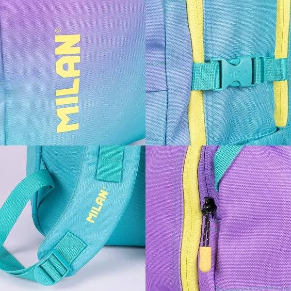 Milan Sunset Zaino Scolastico 25L 5 Cerniere - Tasche Laterali - Scomparto Imbottito per Portatile 16" - Tracolla Imbottita e Regolabile - Colore Turchese/Viola