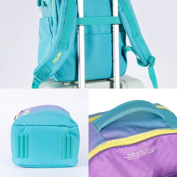 Milan Sunset Zaino Scolastico 25L 5 Cerniere - Tasche Laterali - Scomparto Imbottito per Portatile 16" - Tracolla Imbottita e Regolabile - Colore Turchese/Viola