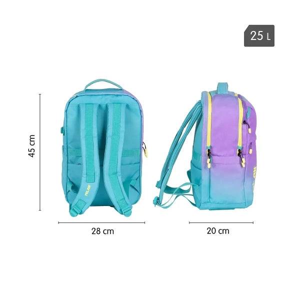 Milan Sunset Zaino Scolastico 25L 5 Cerniere - Tasche Laterali - Scomparto Imbottito per Portatile 16" - Tracolla Imbottita e Regolabile - Colore Turchese/Viola