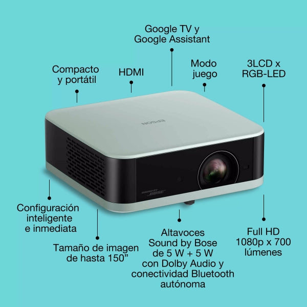 Epson Lifestudio POP EF-61G Proiettore 3LCD FullHD - 700 Lumen - Sistema Audio Bose - WiFi, Bluetooth, Android TV, HDMI, USB - Colore Verde Ghiaccio