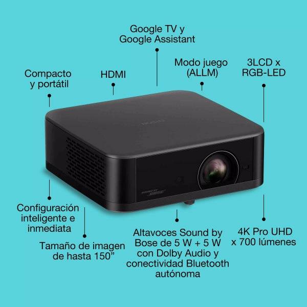 Epson Lifestudio POP Plus EF-62B Proyector 4K PRO-UHD - 700 Lumenes - Sistema de Sonido Bose - WiFi, Bluetooth, Android TV, HDMI, USB - Colore Nero Metalizado