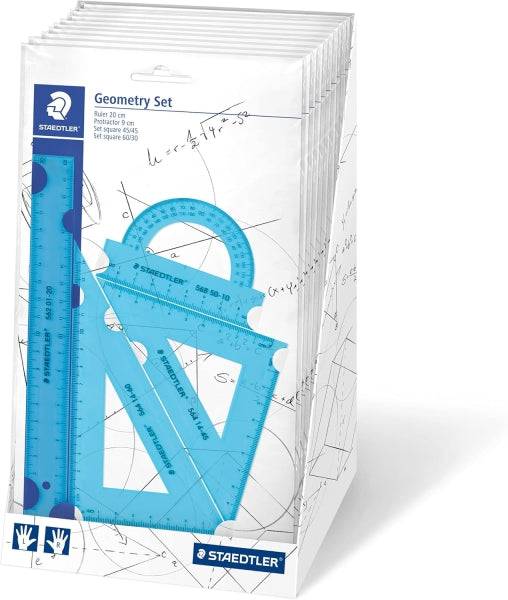 Staedtler Espositore con 18 Confezioni di Righelli - La Confezione Include Righello Diritto 20cm, Goniometro, Squadra 60/30 Gradi e Cartabella 45 Gradi - Colori Neon Assortiti