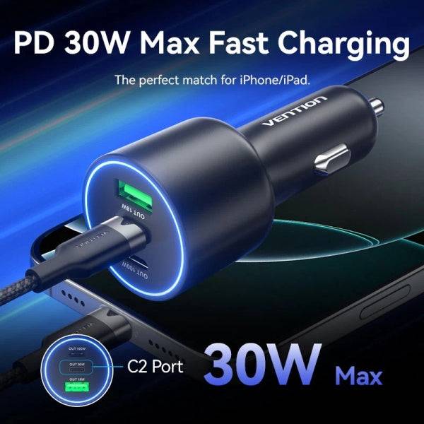 Vention Caricabatterie Auto per Smartphone - 100W - 2xUSB-C - USB-A - Power Delivery 3.0 - Qualcomm 3.0 - Colore Nero