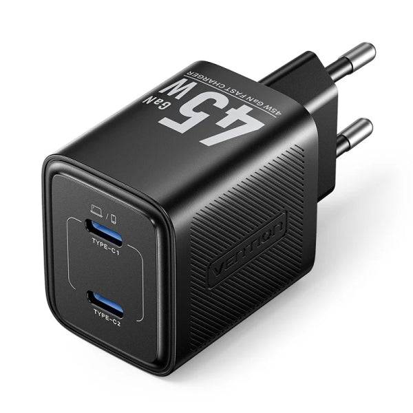 Vention Caricabatterie da Parete - 45W - GaN - 2xUSB-C - Power Delivery 3.0 - Qualcomm 3.0 - Ricarica Rapida - Colore Nero