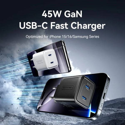 Vention Caricabatterie da Parete - 45W - GaN - 2xUSB-C - Power Delivery 3.0 - Qualcomm 3.0 - Ricarica Rapida - Colore Nero