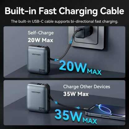 Vention Mini Power Bank 10000mAh - Potenza di Uscita fino a 35W - Cavo USB-C Integrato - Power Delivery - Tecnologia PPS - Colore Grigio
