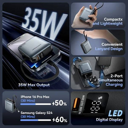 Vention Mini Power Bank 10000mAh - Potenza di Uscita fino a 35W - Cavo USB-C Integrato - Power Delivery - Tecnologia PPS - Colore Grigio