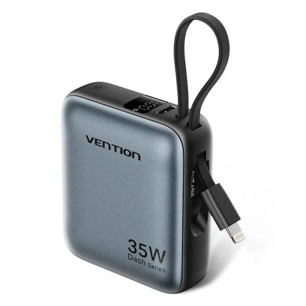 Vention Mini Powerbank da 10000mAh - Potenza di Uscita fino a 35W - Cavo USB-C e Lightning Integrato - Display Digitale - Colore Grigio