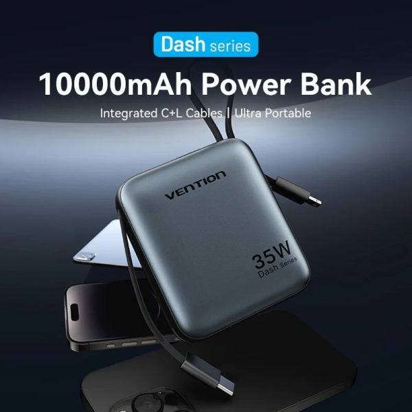 Vention Mini Powerbank da 10000mAh - Potenza di Uscita fino a 35W - Cavo USB-C e Lightning Integrato - Display Digitale - Colore Grigio