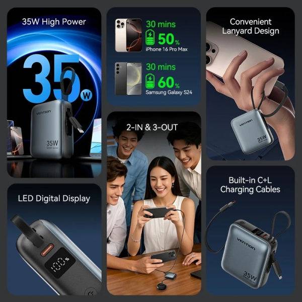 Vention Mini Powerbank da 10000mAh - Potenza di Uscita fino a 35W - Cavo USB-C e Lightning Integrato - Display Digitale - Colore Grigio