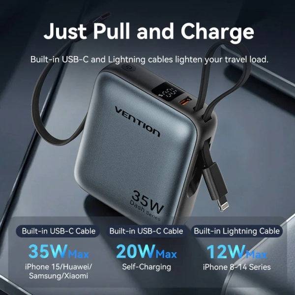 Vention Mini Powerbank da 10000mAh - Potenza di Uscita fino a 35W - Cavo USB-C e Lightning Integrato - Display Digitale - Colore Grigio