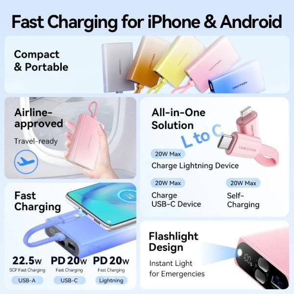 Vention Powerbank da 10000mAh - Potenza di Uscita fino a 22.5W - USB-A - USB-C - Display - Torcia LED Integrata - Idoneo per Viaggi Aerei - Colore Giallo