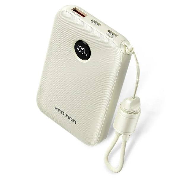 Vention Power Bank 10000mAh - Potenza di Uscita fino a 22.5W - USB-A - USB-C - Display LED - Cavo USB-C 17cm - Idoneo per Viaggi Aerei - Colore Beige