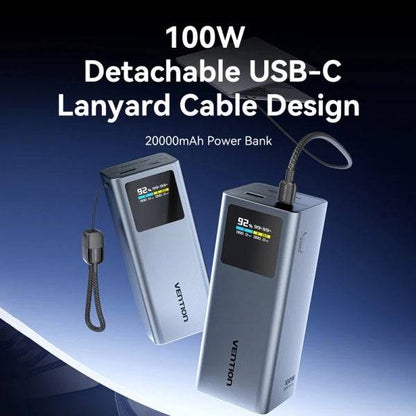 Vention Powerbank 20000mAh - Potenza di Uscita fino a 100W - Power Delivery - USB-A - USB-C - Display TFT - Tecnologia PPS e UFCS - Colore Grigio