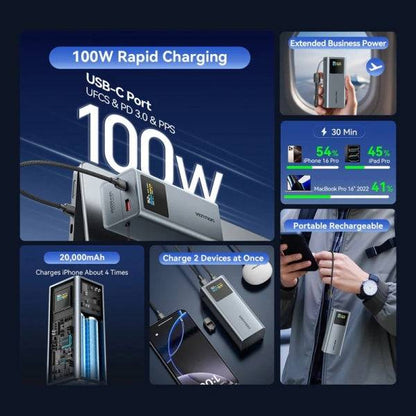 Vention Powerbank 20000mAh - Potenza di Uscita fino a 100W - Power Delivery - USB-A - USB-C - Display TFT - Tecnologia PPS e UFCS - Colore Grigio