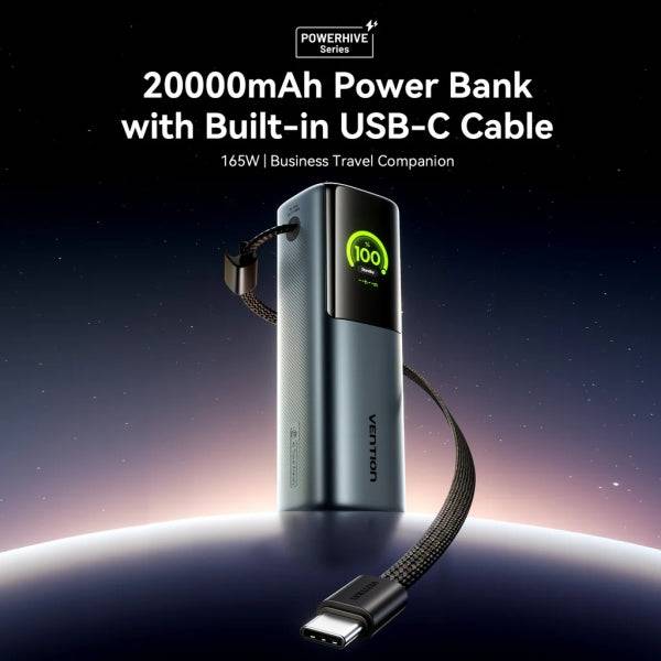 Vention Powerbank 20000mAh - Potenza di Uscita fino a 165W - Cavo USB-C Integrato - Power Delivery - USB-A - USB-C - Display TFT - Tecnologia PPS e UFCS - Colore Grigio