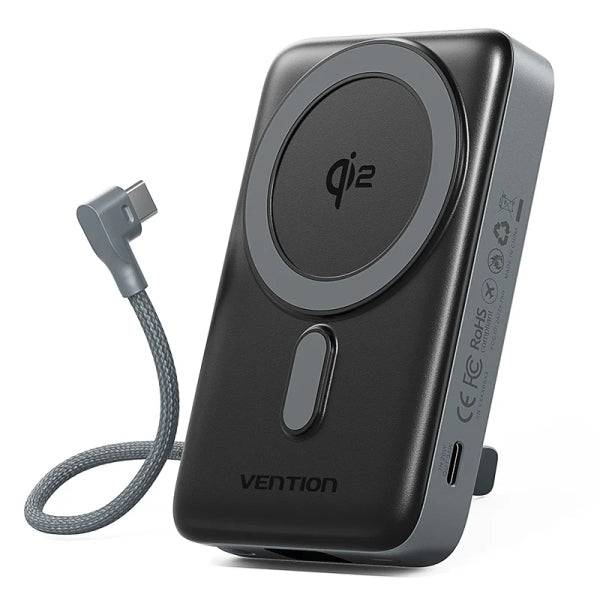 Vention Powerbank 10000mAh - Potenza di Uscita fino a 25W - Cavo USB-C Integrato - Ingresso e Uscita USB-C - Ricarica Wireless - Display LED - Colore Grigio
