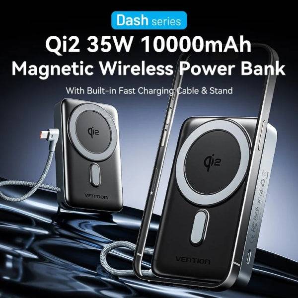 Vention Powerbank 10000mAh - Potenza di Uscita fino a 25W - Cavo USB-C Integrato - Ingresso e Uscita USB-C - Ricarica Wireless - Display LED - Colore Grigio