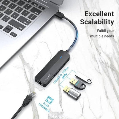 Vention Hub USB 4 in 1 - 3xUSB-A - Ethernet RJ45 - Cavo USB-A da 15cm - Indicatore LED - Velocità fino a 5Gbps - Colore Nero