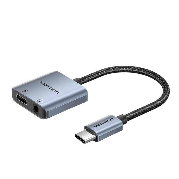 Vention Adattatore Audio DAC - USB-C Maschio - Jack 3.5mm Femmina - USB-C Femmina - Power Delivery 60W - Cavo 10cm - Alluminio - Colore Grigio