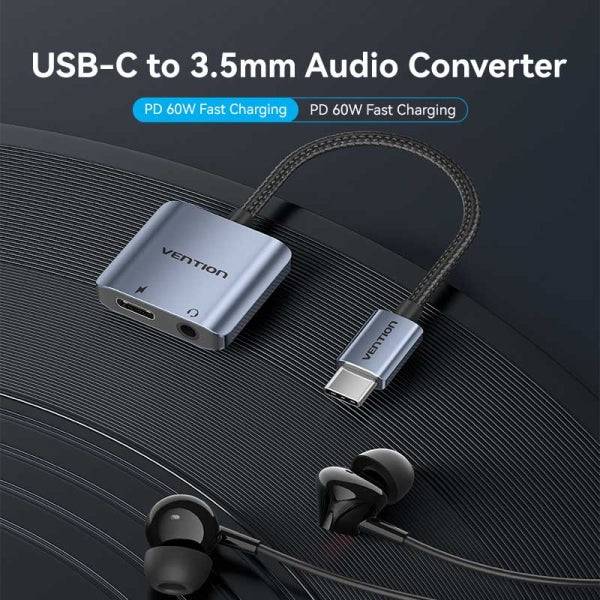 Vention Adattatore Audio DAC - USB-C Maschio - Jack 3.5mm Femmina - USB-C Femmina - Power Delivery 60W - Cavo 10cm - Alluminio - Colore Grigio