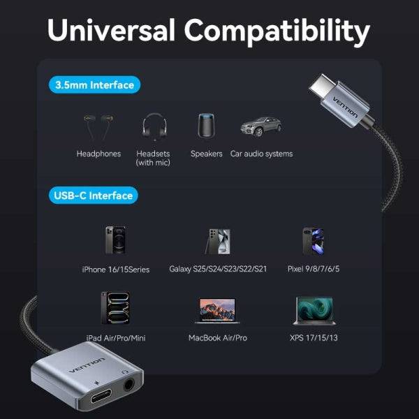 Vention Adattatore Audio DAC - USB-C Maschio - Jack 3.5mm Femmina - USB-C Femmina - Power Delivery 60W - Cavo 10cm - Alluminio - Colore Grigio