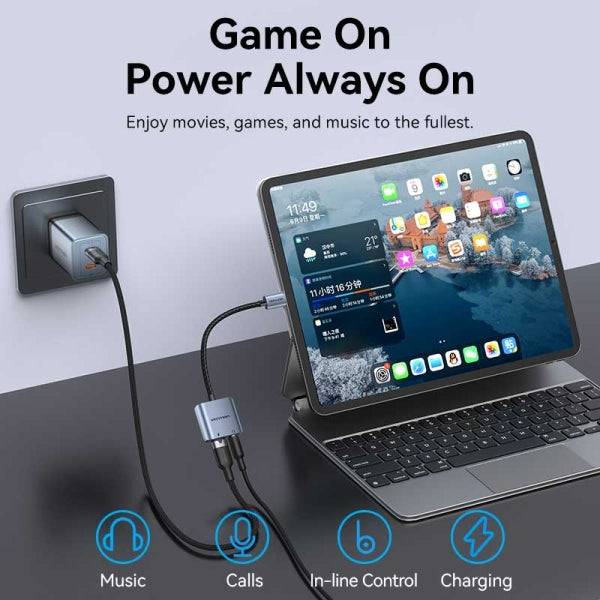 Vention Adattatore Audio DAC - USB-C Maschio - Jack 3.5mm Femmina - USB-C Femmina - Power Delivery 60W - Cavo 10cm - Alluminio - Colore Grigio