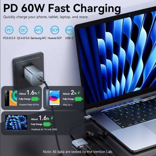 Vention Adattatore Audio DAC - USB-C Maschio - Jack 3.5mm Femmina - USB-C Femmina - Power Delivery 60W - Cavo 10cm - Alluminio - Colore Grigio