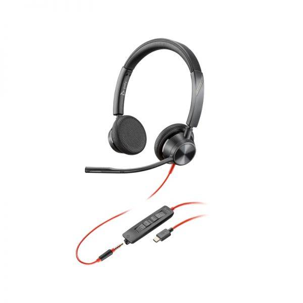 HP Poly Blackwire 3225 Cuffie con Microfono - USB + Jack 3.5mm - Controlli su Cavo - Adattatore USB-C/A - Colore Nero