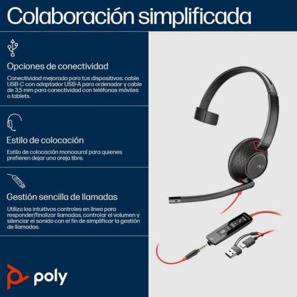 HP Poly Blackwire 5210 Cuffia Monoaurale con Microfono - Cancellazione del Rumore - Archetto Metallico Imbottito - Cuscinetti in Pelle Sintetica - Controlli su Cavo