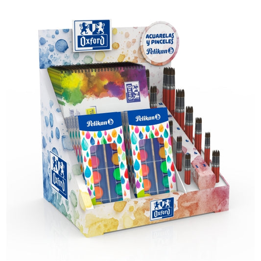Oxford Espositore con 10 Blocchi Acquerello A4 + 10 Astuccini Acquerello F355 + Pennelli di Diversi Formati - Colori Assortiti