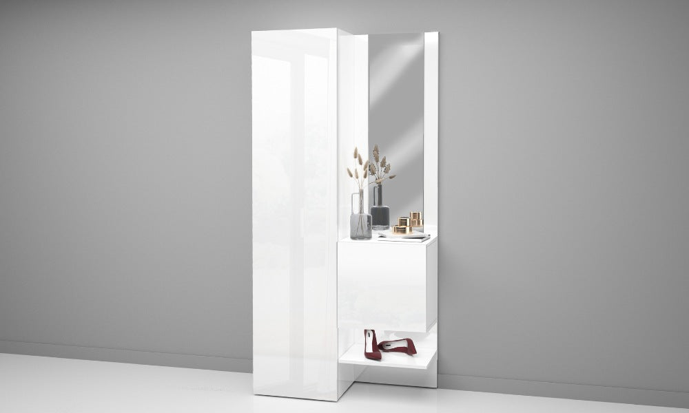 Set Ingresso KOMPACT moderno con specchio e 10 ripiani, design salvaspazio bianco lucido per entrata casa elegante e funzionale