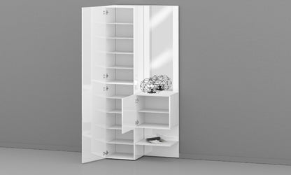 Mobile ingresso KOMPACT con ante aperte, specchio verticale e 10 ripiani per scarpe, perfetto per arredare con stile e ordine