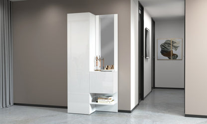 Set Ingresso KOMPACT in ambiente moderno, mobile bianco con specchio e ripiani, ideale per arredare l’entrata con eleganza